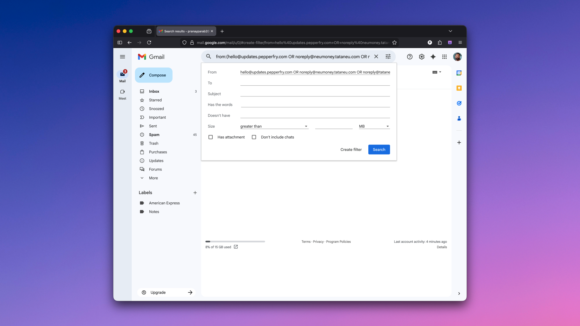Creating filters in Gmail.