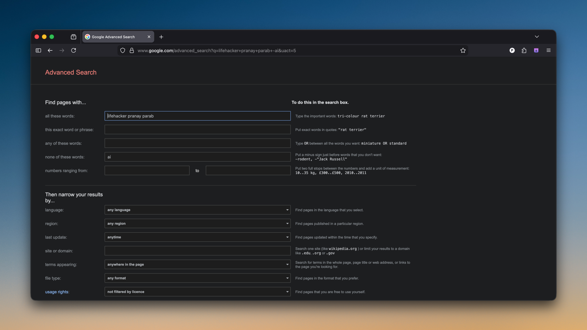 Advanced search filters in Google.