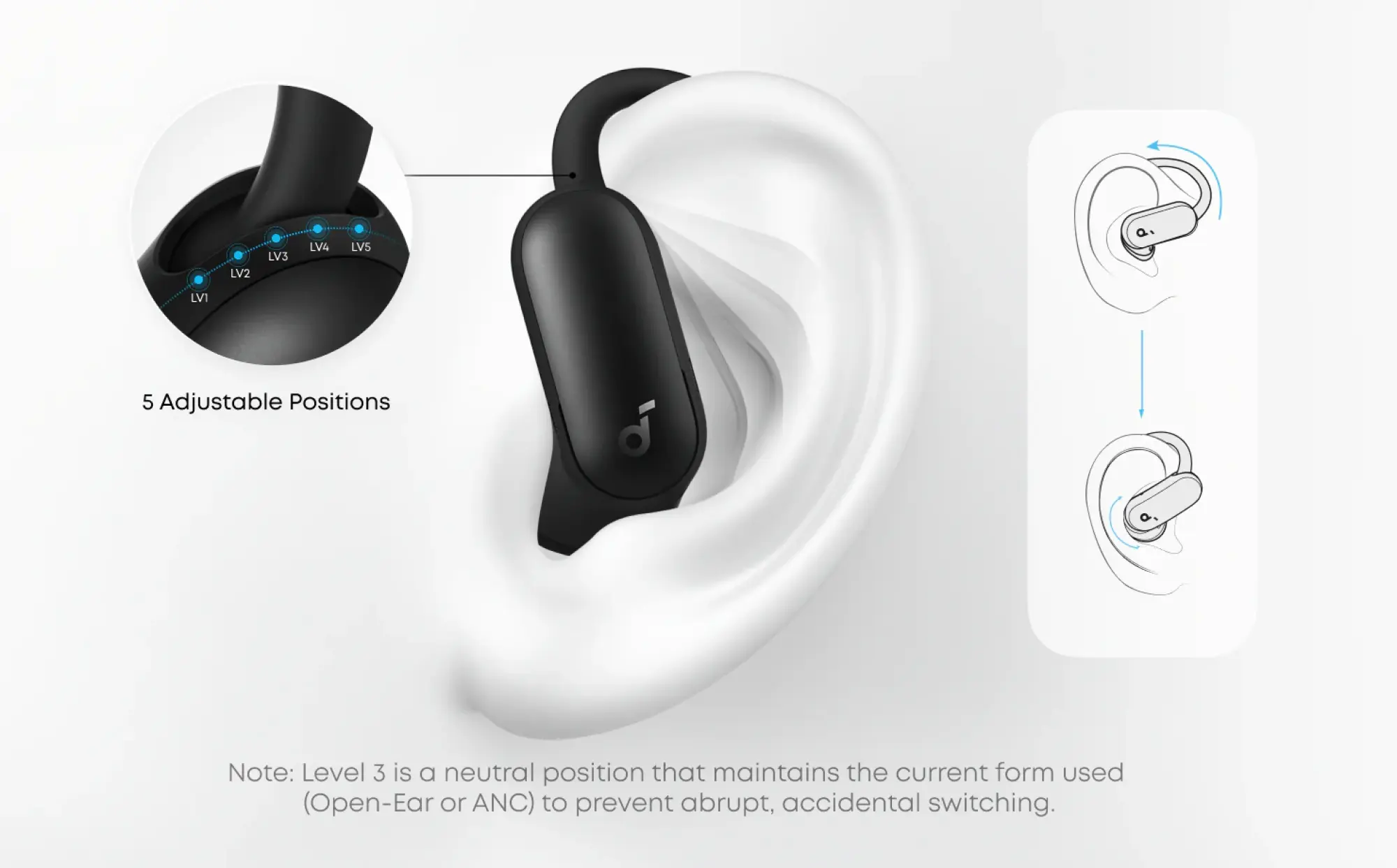 An image showing the various levels of ear hook adjustment on the Soundcore Aerofit 2 Pro.