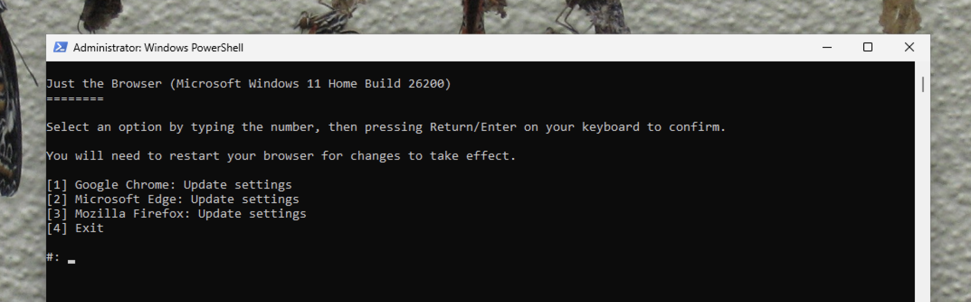 A screenshot of PowerShell offering to remove AI features from Chrome, Edge, or Firefox.