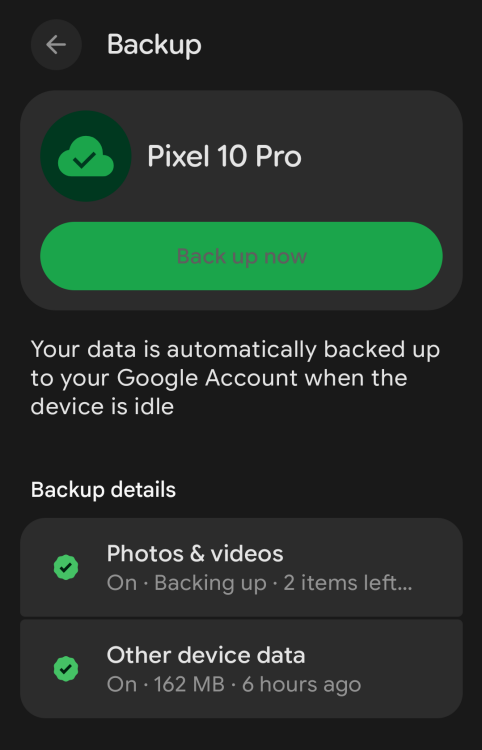 A screenshot of what the backup page looks like on Android