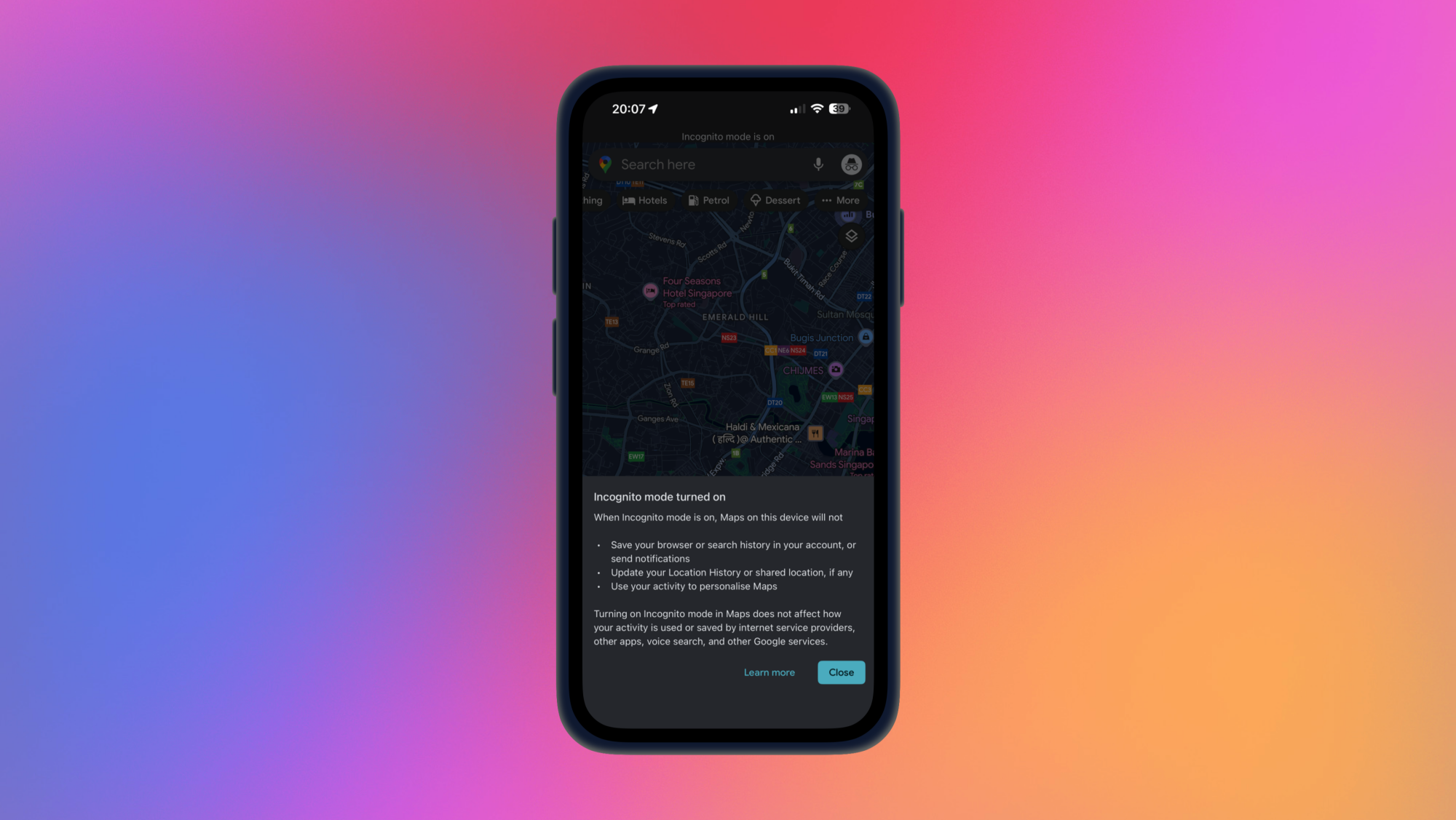 Incognito mode in Google Maps.