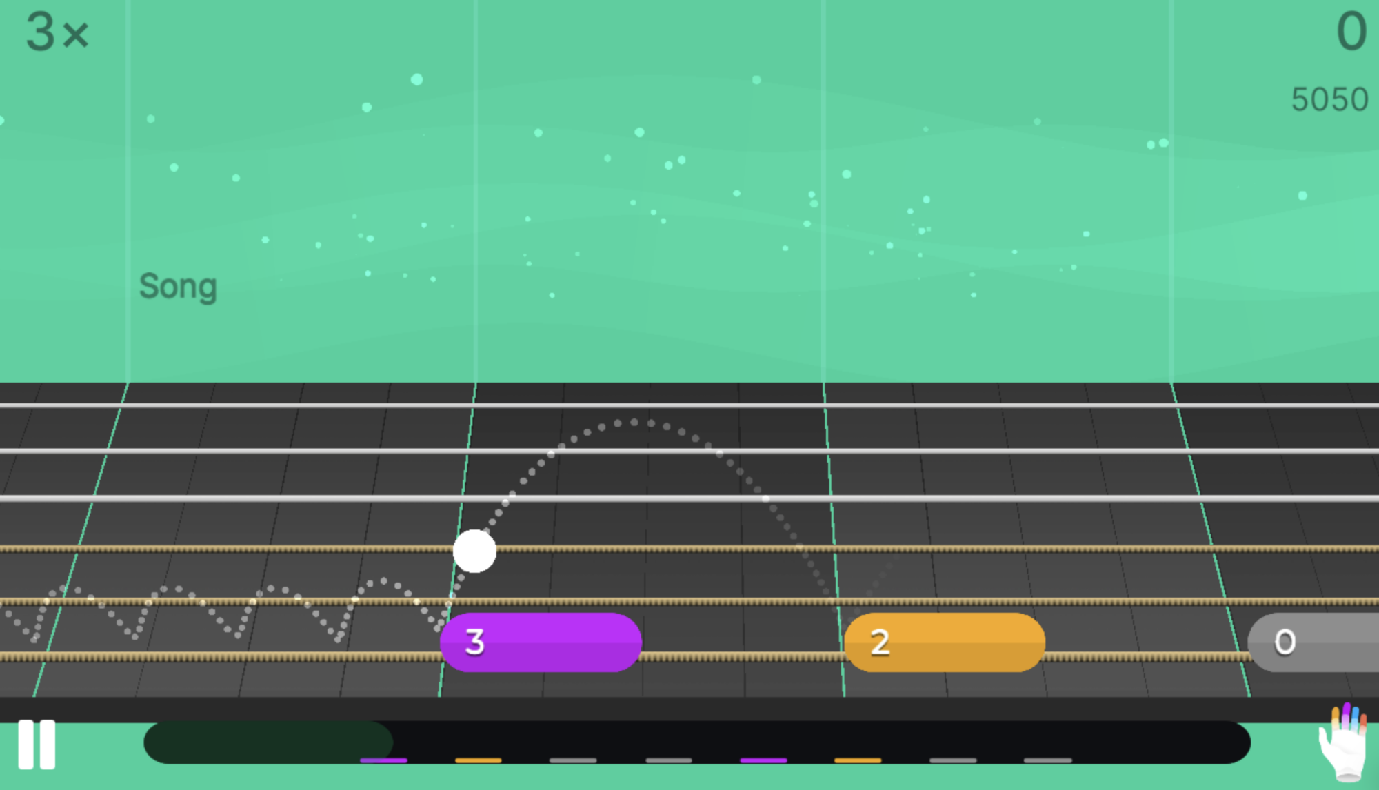 A guitar-hero like user interface teaches the user to play an actual guitar