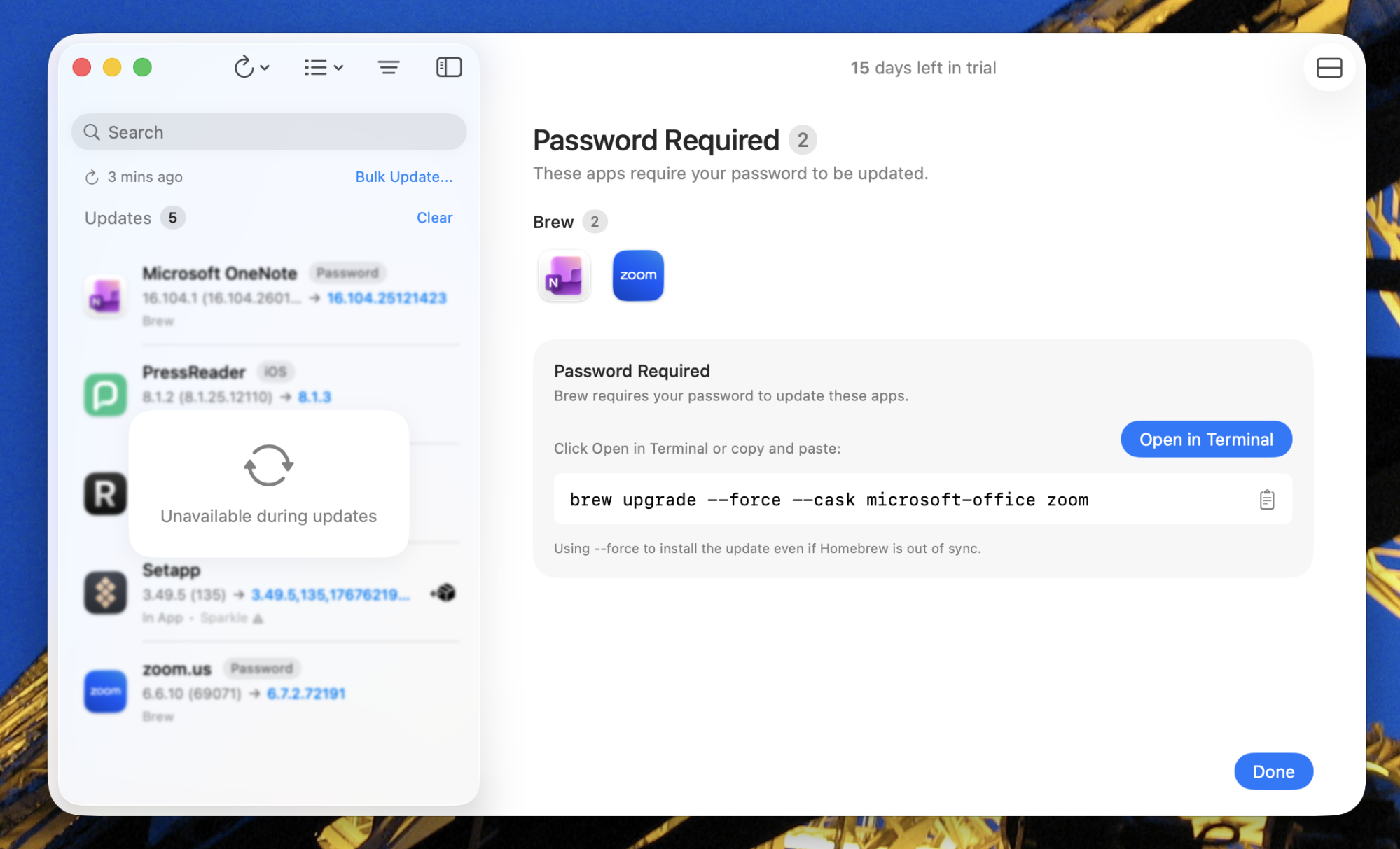 Updatest offers to install software in the Terminal