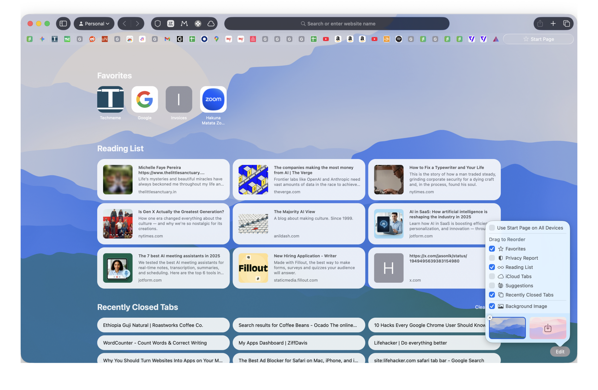 Customizing the start page in Safari