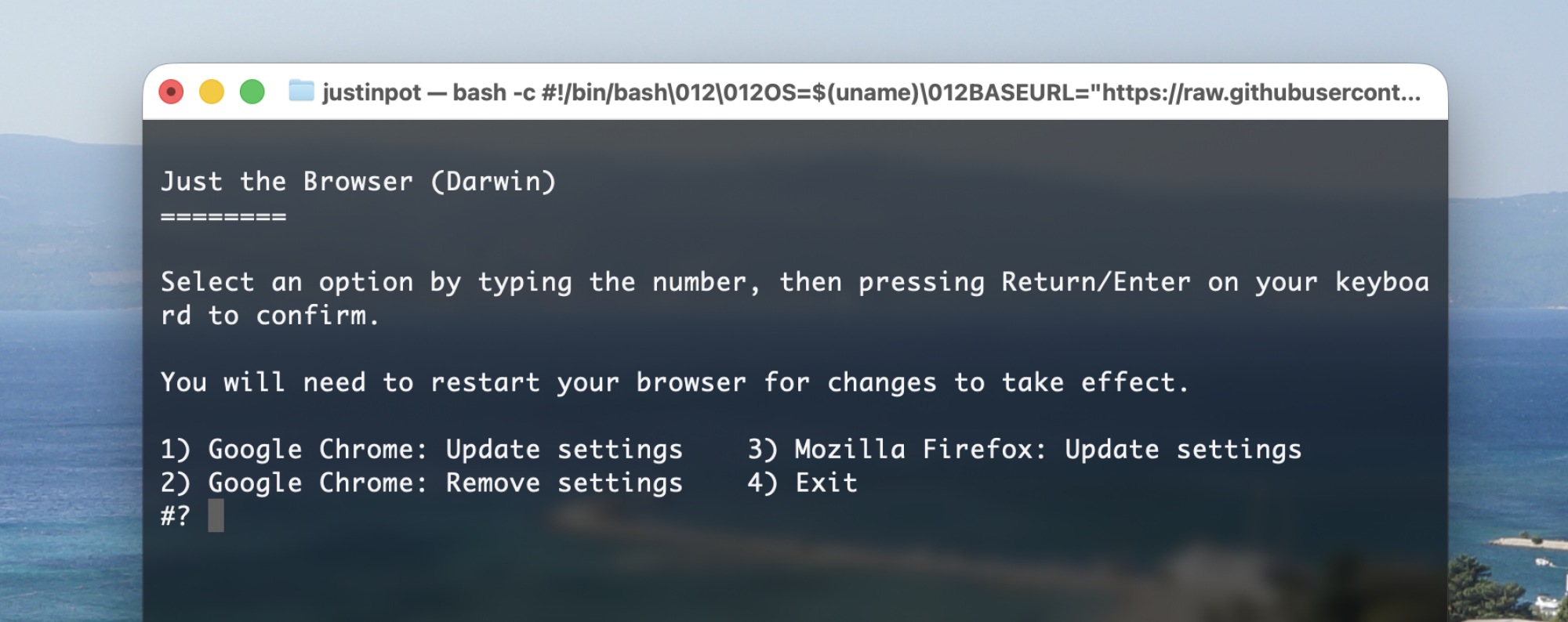 A screenshot of the macOS Terminal offering to remove AI features from Chrome, Firefox, or Edge.