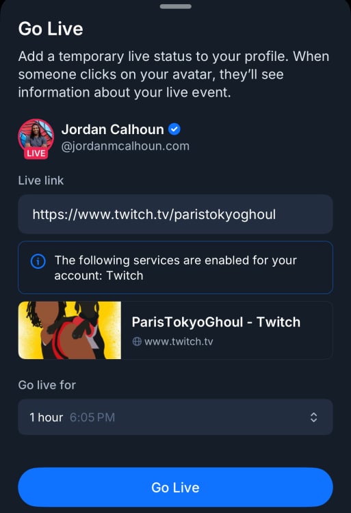 "Go Live" menu options