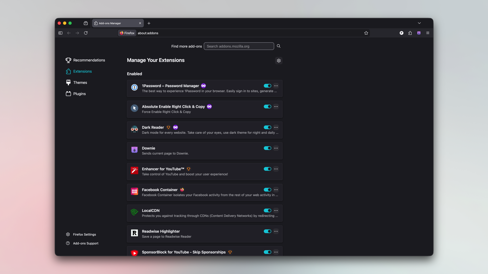 Firefox's list of installed extensions