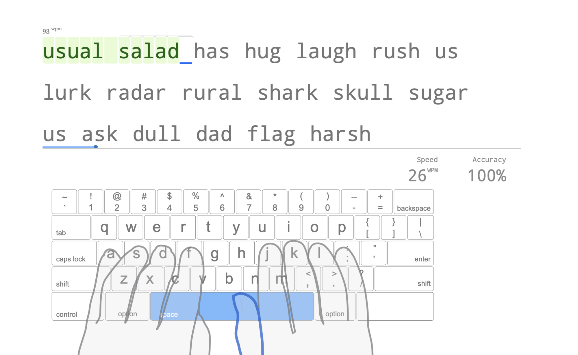 Text to type is shown above a keyboard and an illustration of a human hand—the finger needed for the current charater is highlighted