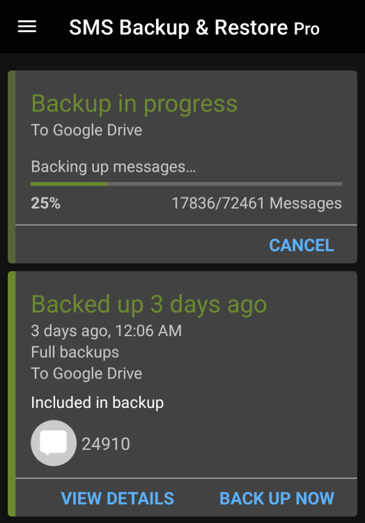 A screenshot of SMS Backup& Restore after it's backed up something