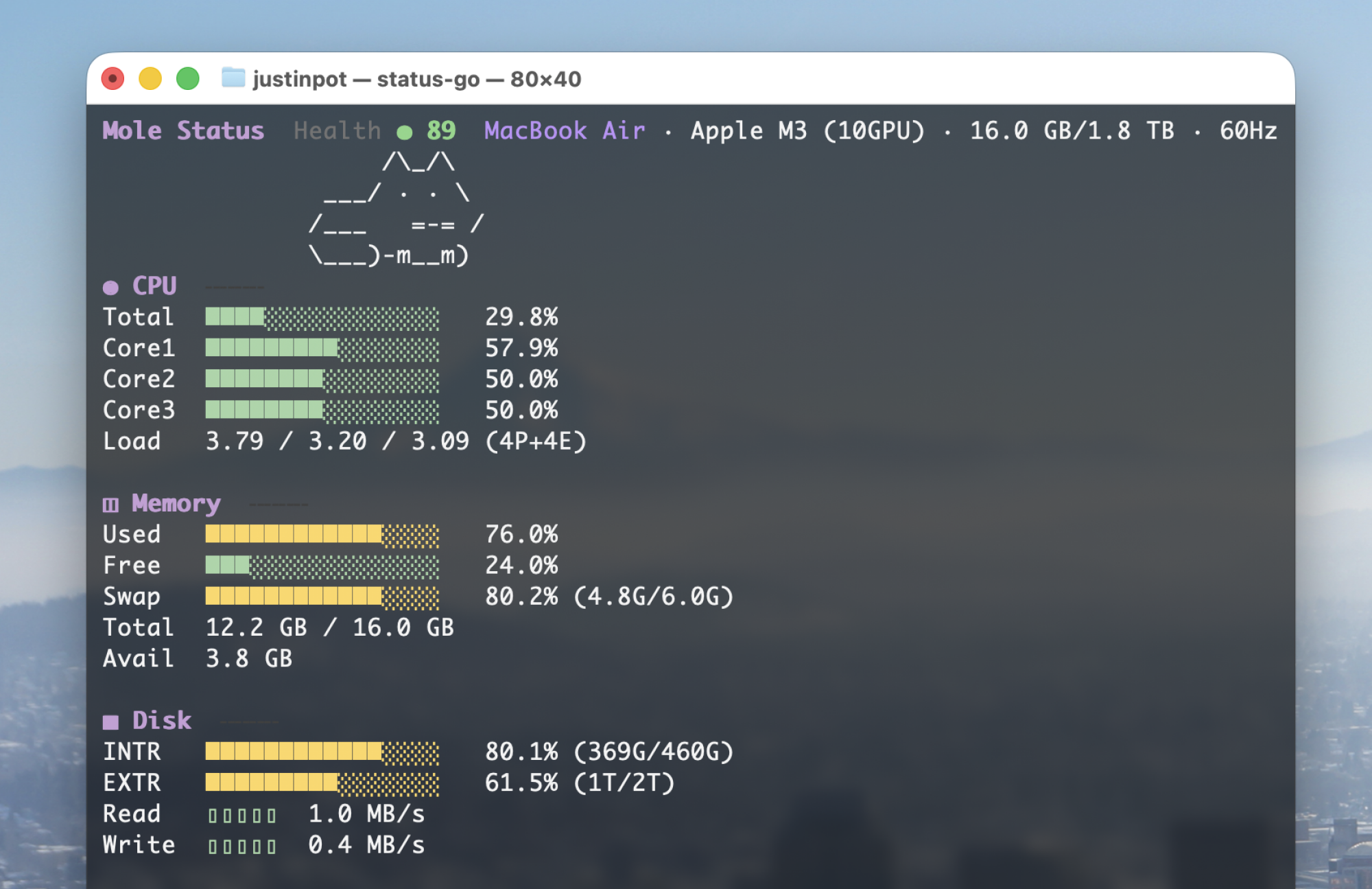 A Terminal window showing bars for CPU usage, memory, and hard drive space