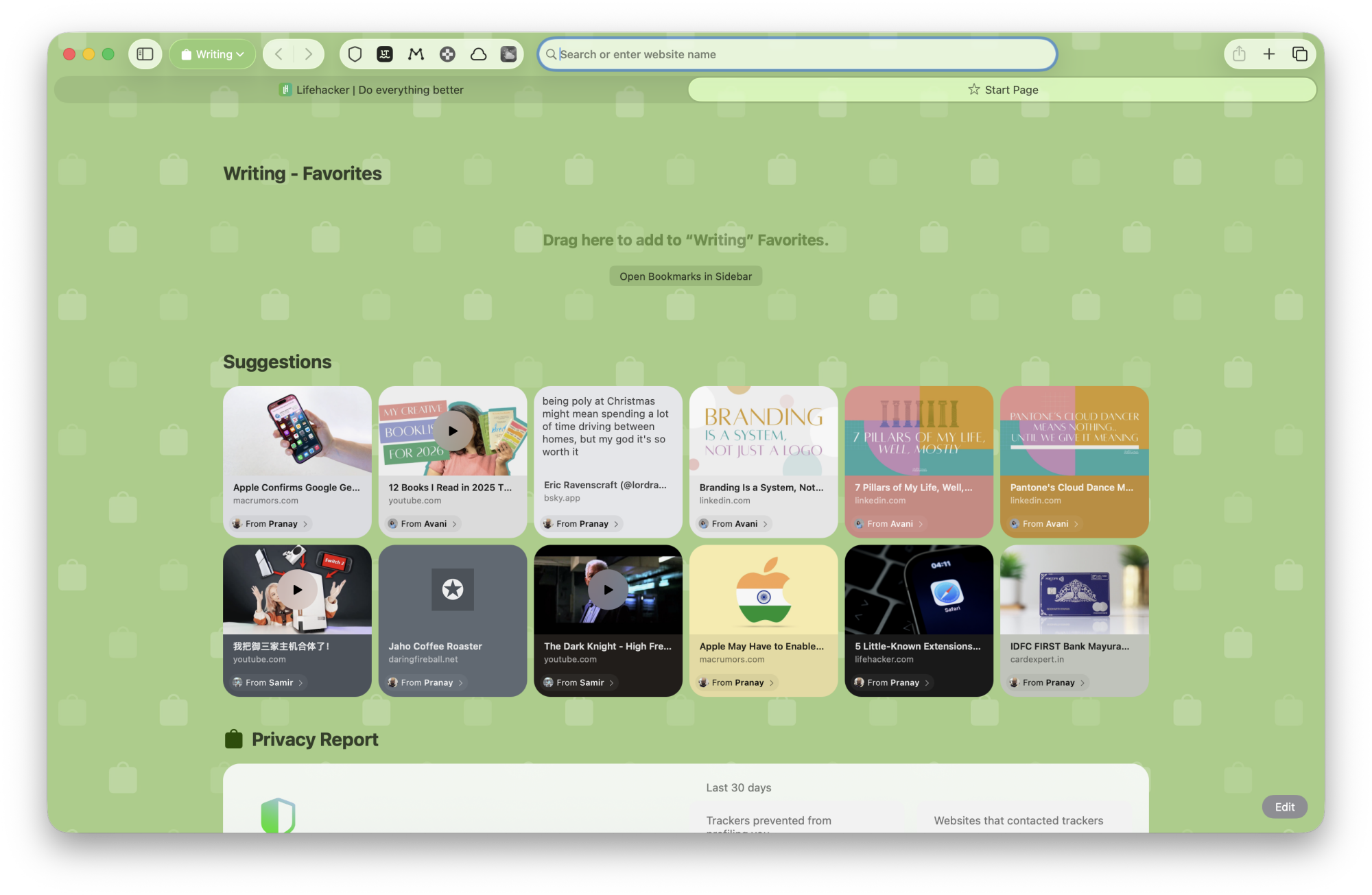 Start page for a new Profile in Safari