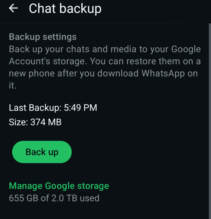A screenshot of WhatsApp's backup page