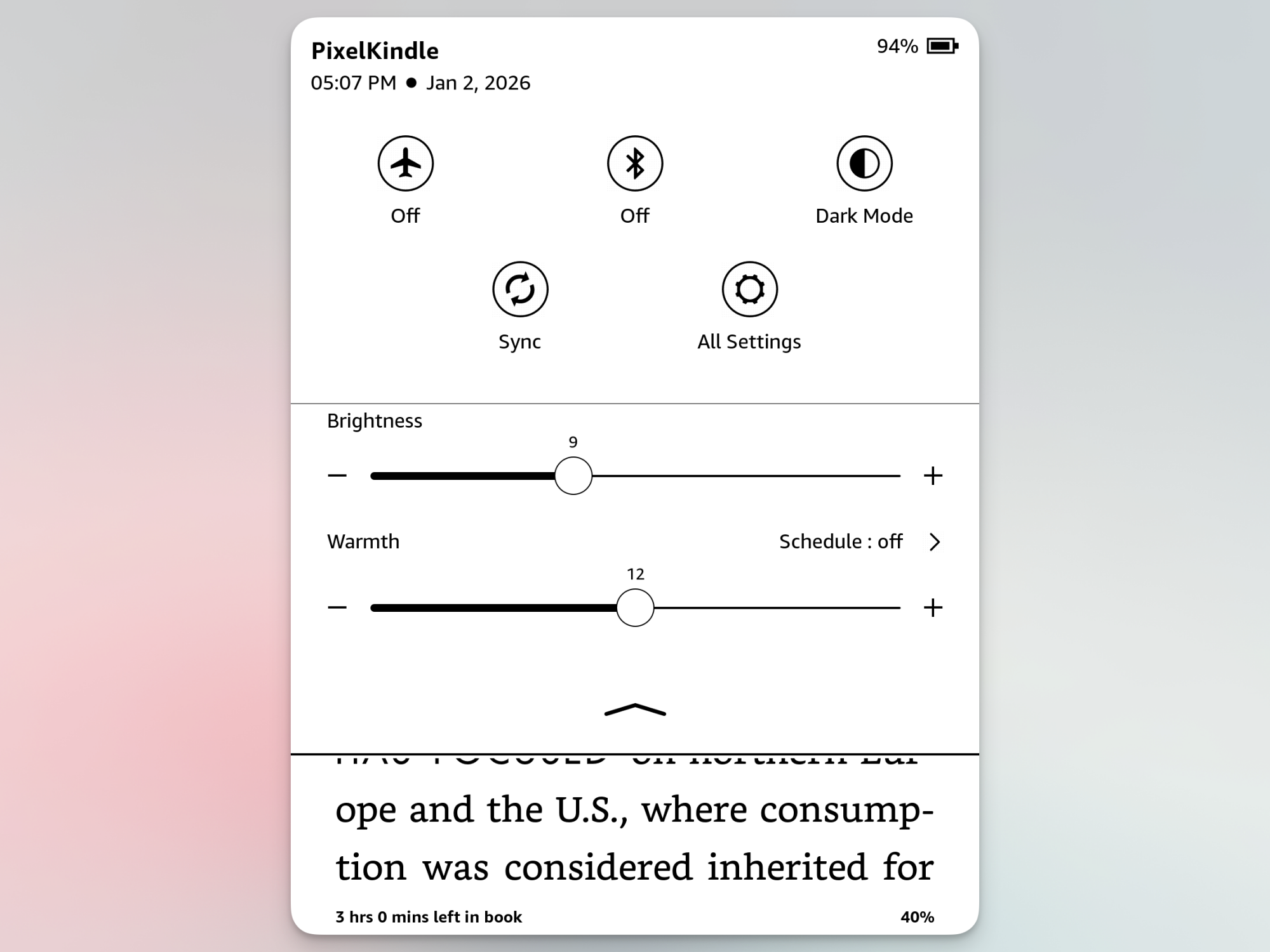 Dark mode and Warm light settings.