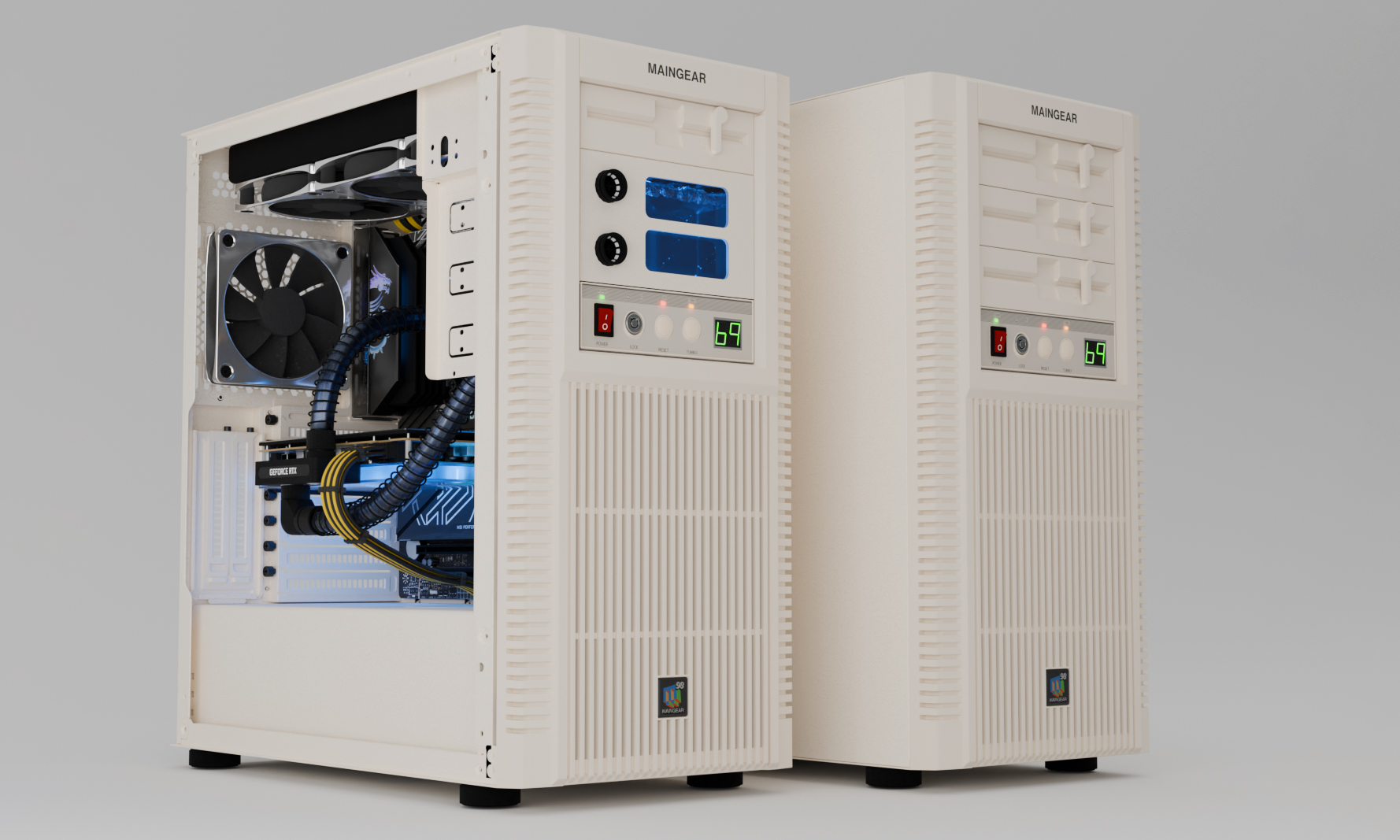 Two beige-tower PCs that look like they were ripped from 1998. One is opened, revealing modern components inside.