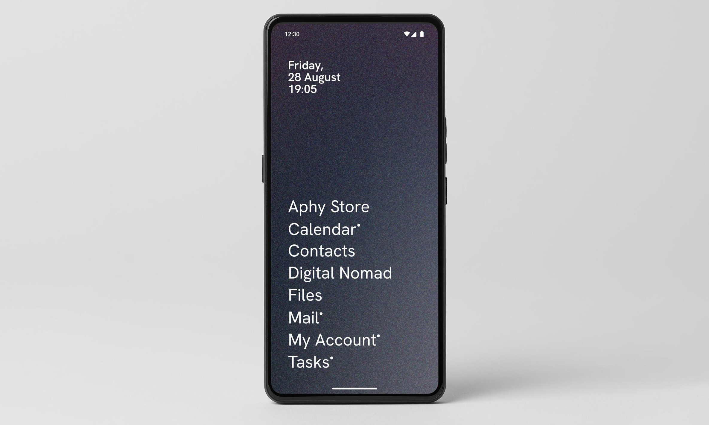 Marketing image of the Punkt MC03 phone. A dark UI shows text shortcuts for common apps and tasks.