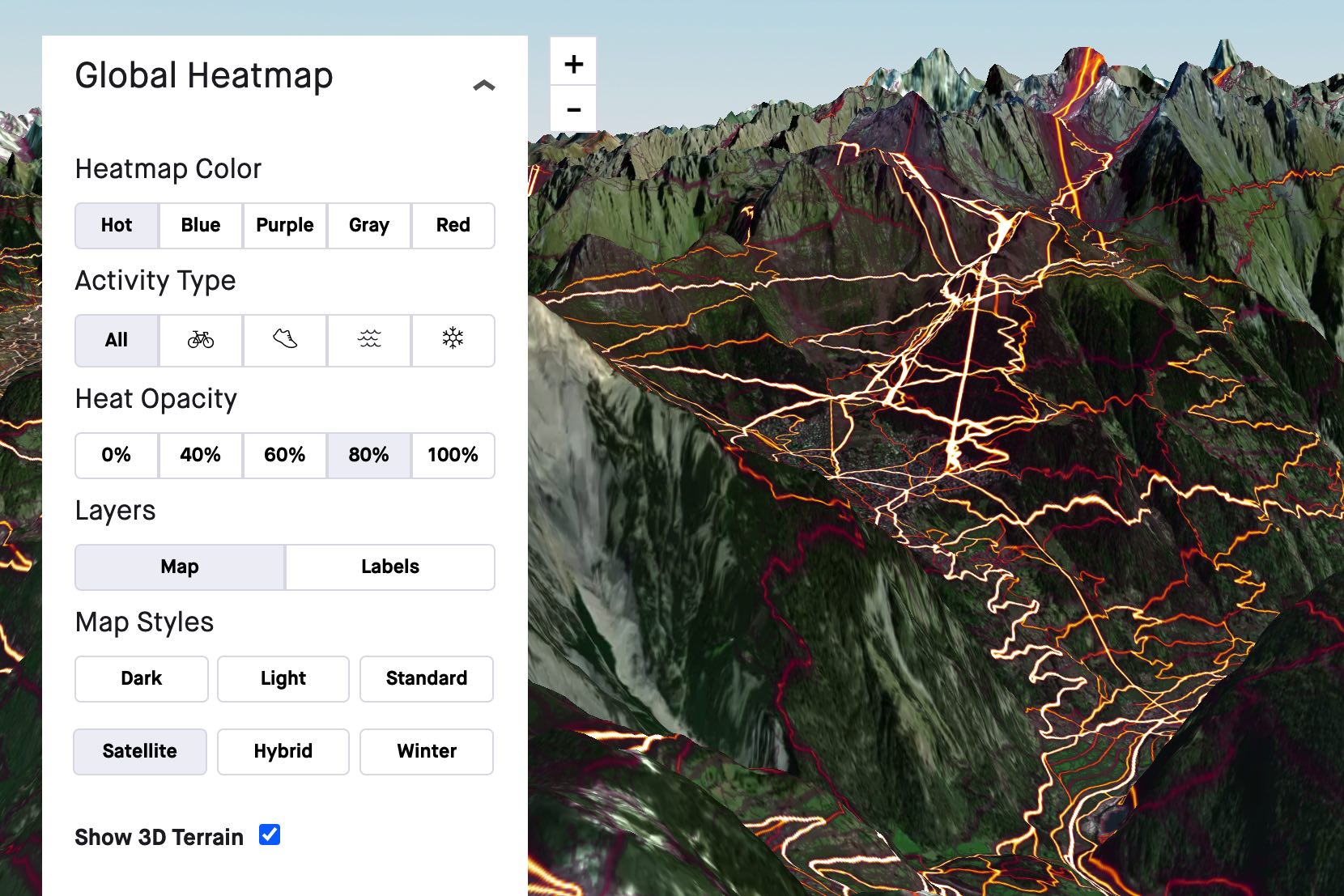 Strava global heatmap 3D terrain