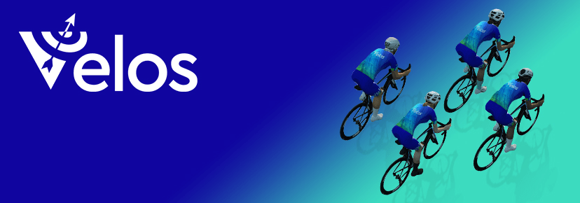 Velos logo on a blue gradient background with four cyclists in blue and green uniforms riding in formation.