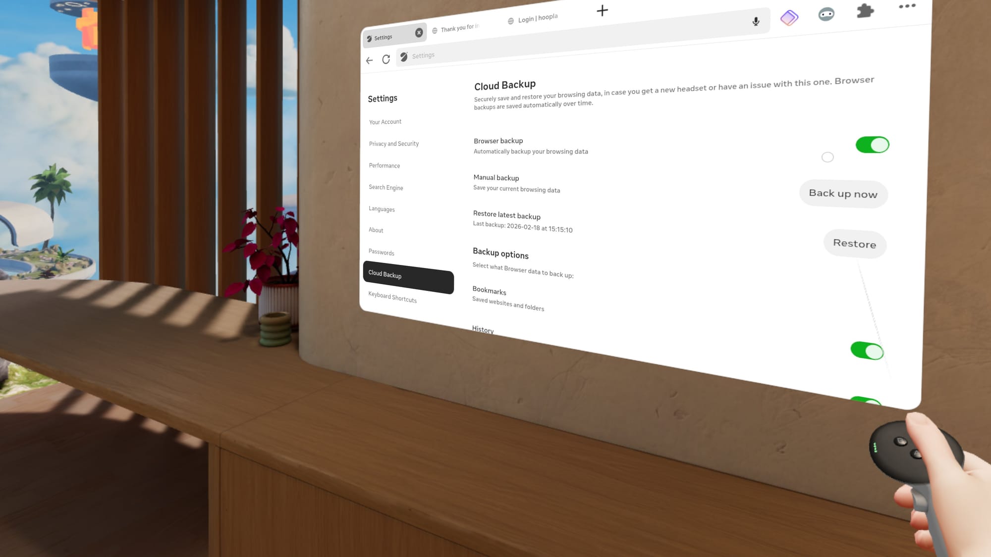 A screenshot shows Cloud Backup in the Quest 3's system browser Settings.