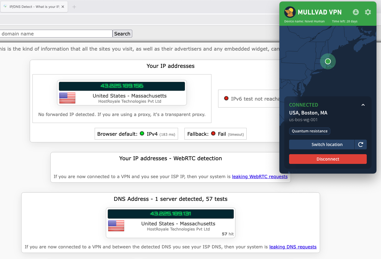Testing Mullvad for IP leaks.