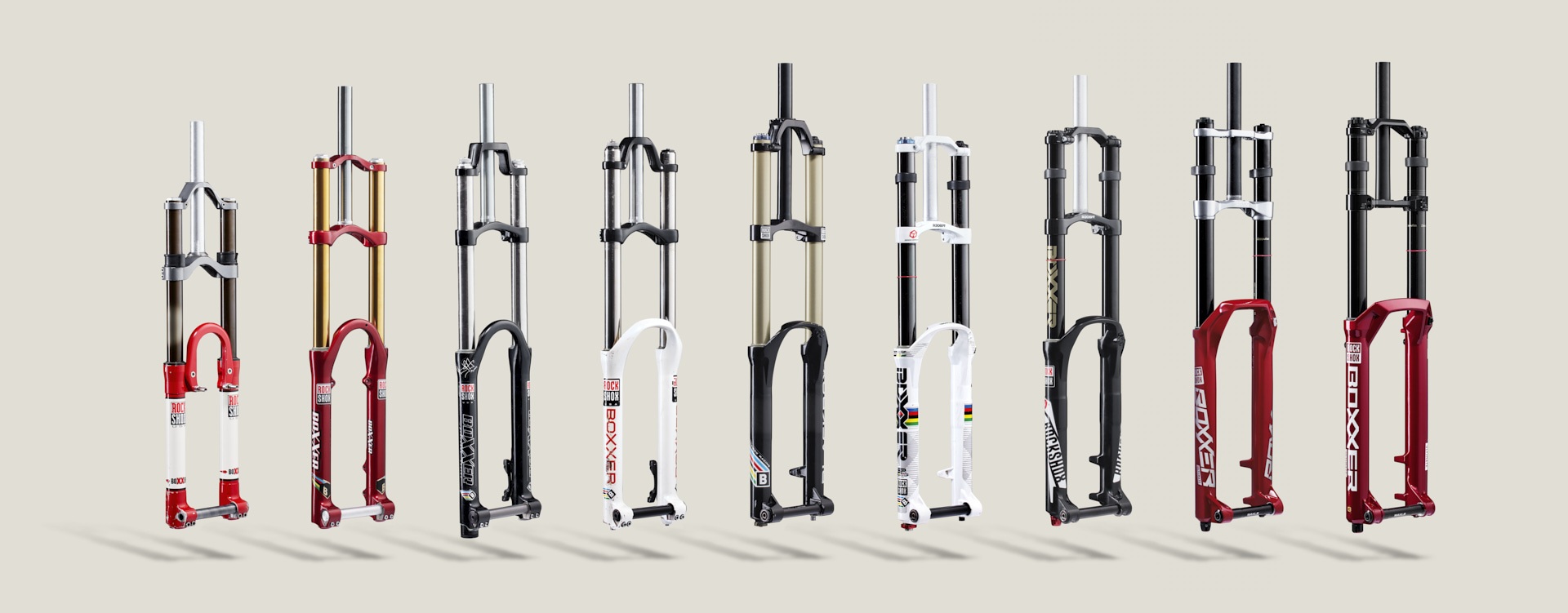RockShox Boxxer fork timeline, showing nine previous generations of the fork.