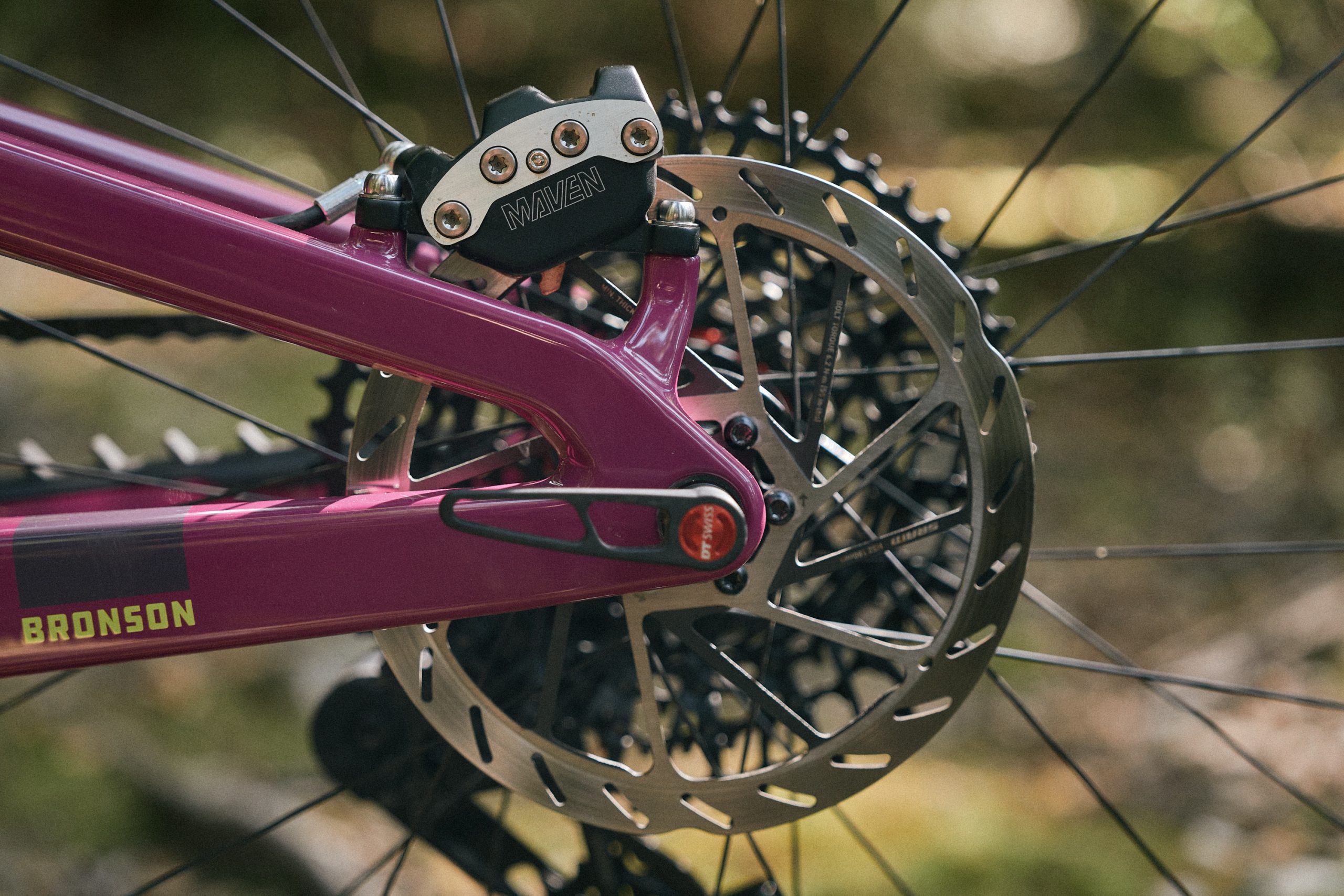 SRAM Maven Ultimate caliper pictured fixed to the rear end of a bike.