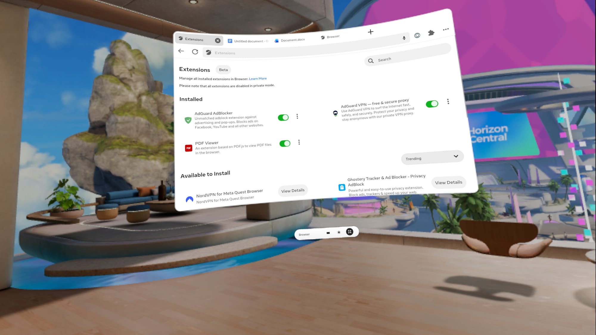 A screenshot shows a partial list of extensions for the Horizon OS browser.