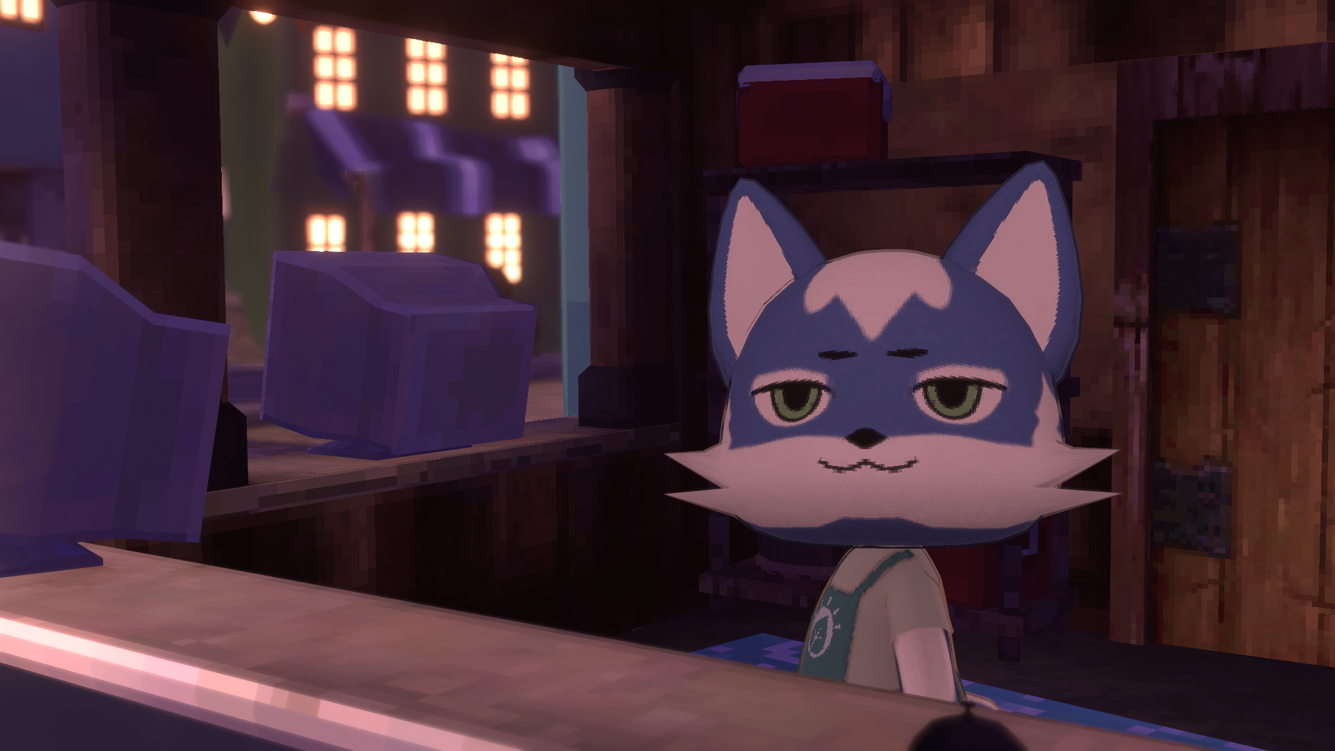 Photo of an NPC smiling at the viewer quietly from behind the counter.