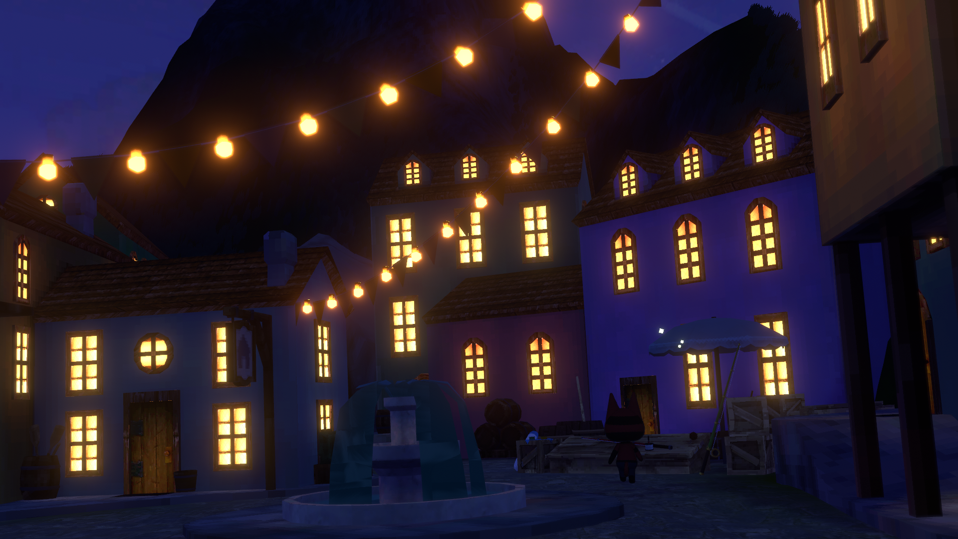 A village at night in an immersive video game.