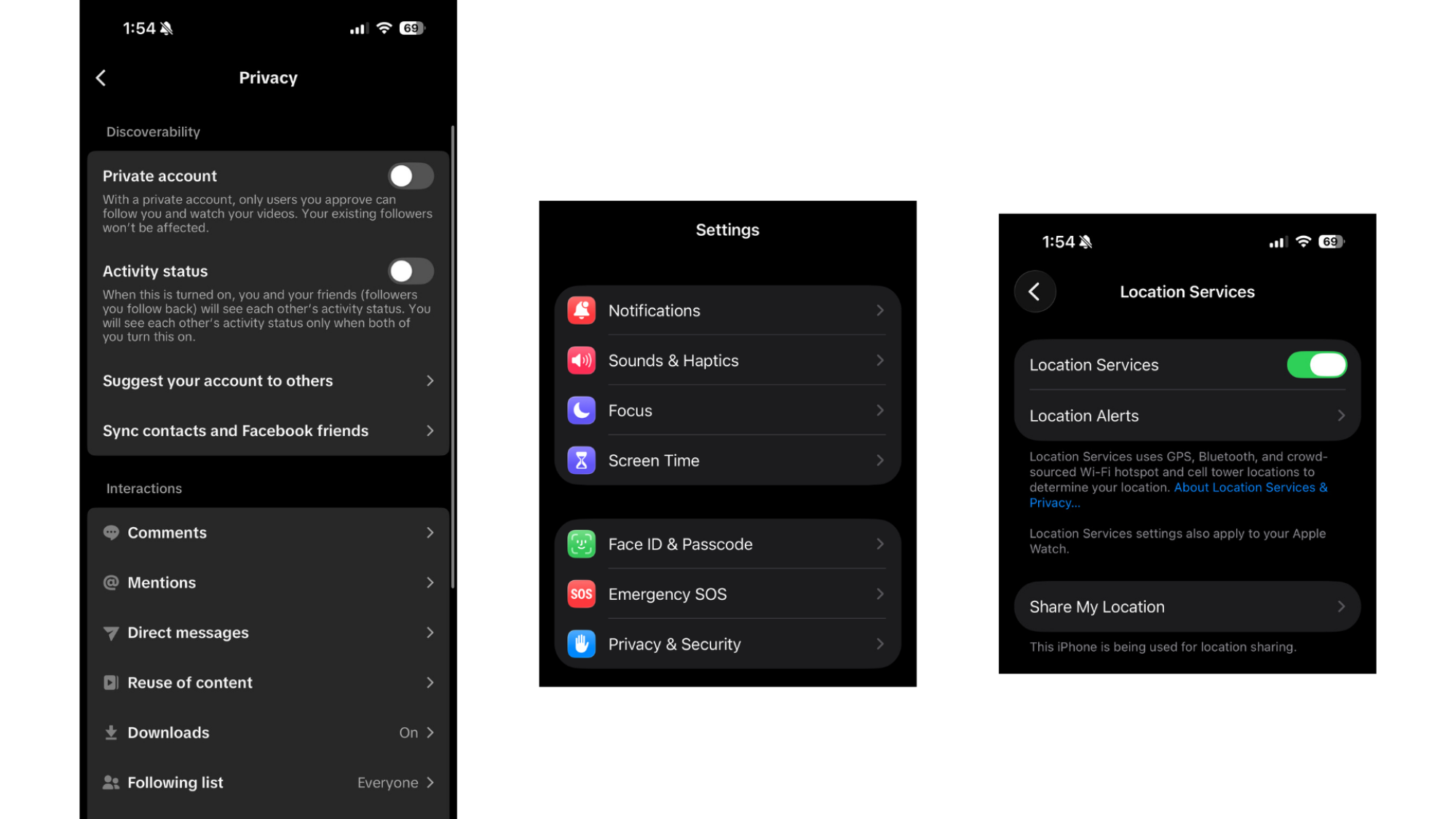 The author's Privacy settings on TikTok (left) and iPhone (center, right)