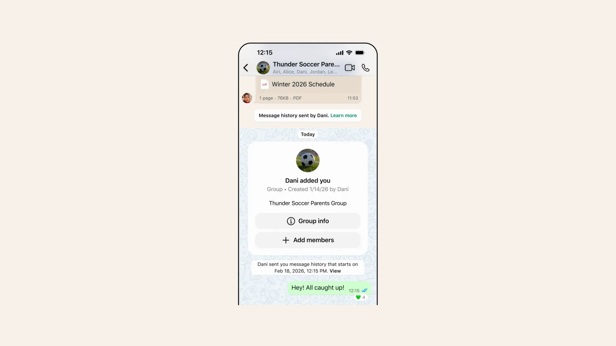 A message notifying the group that chat history was shared with a new WhatsApp group member.