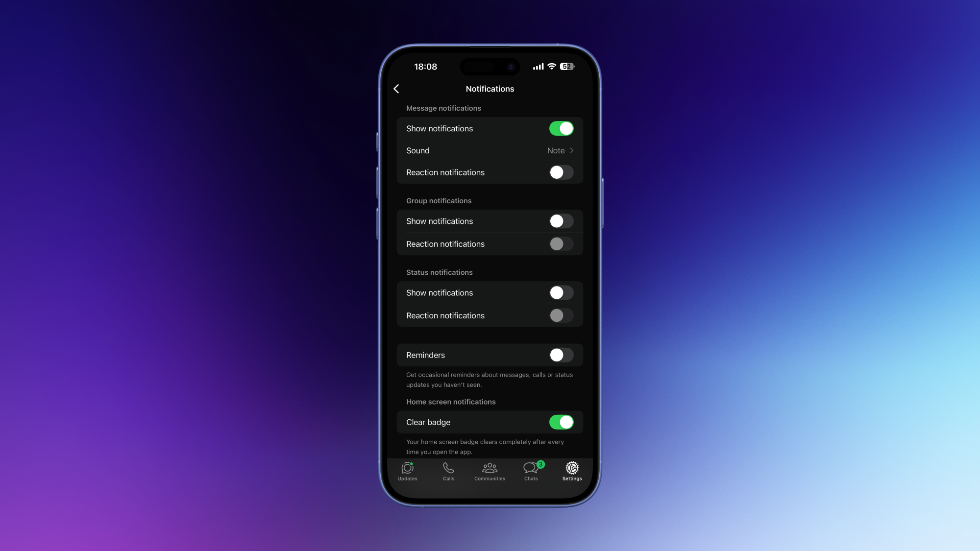 WhatsApp's notification settings page