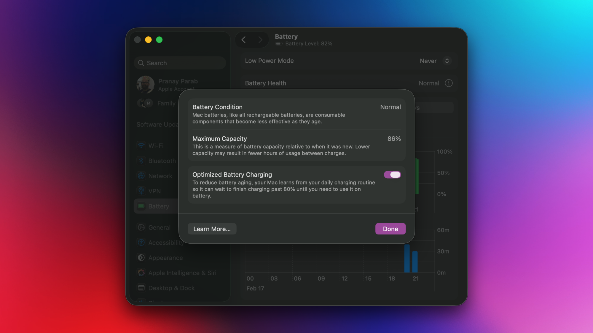 Optimized Battery Charging on a MacBook.