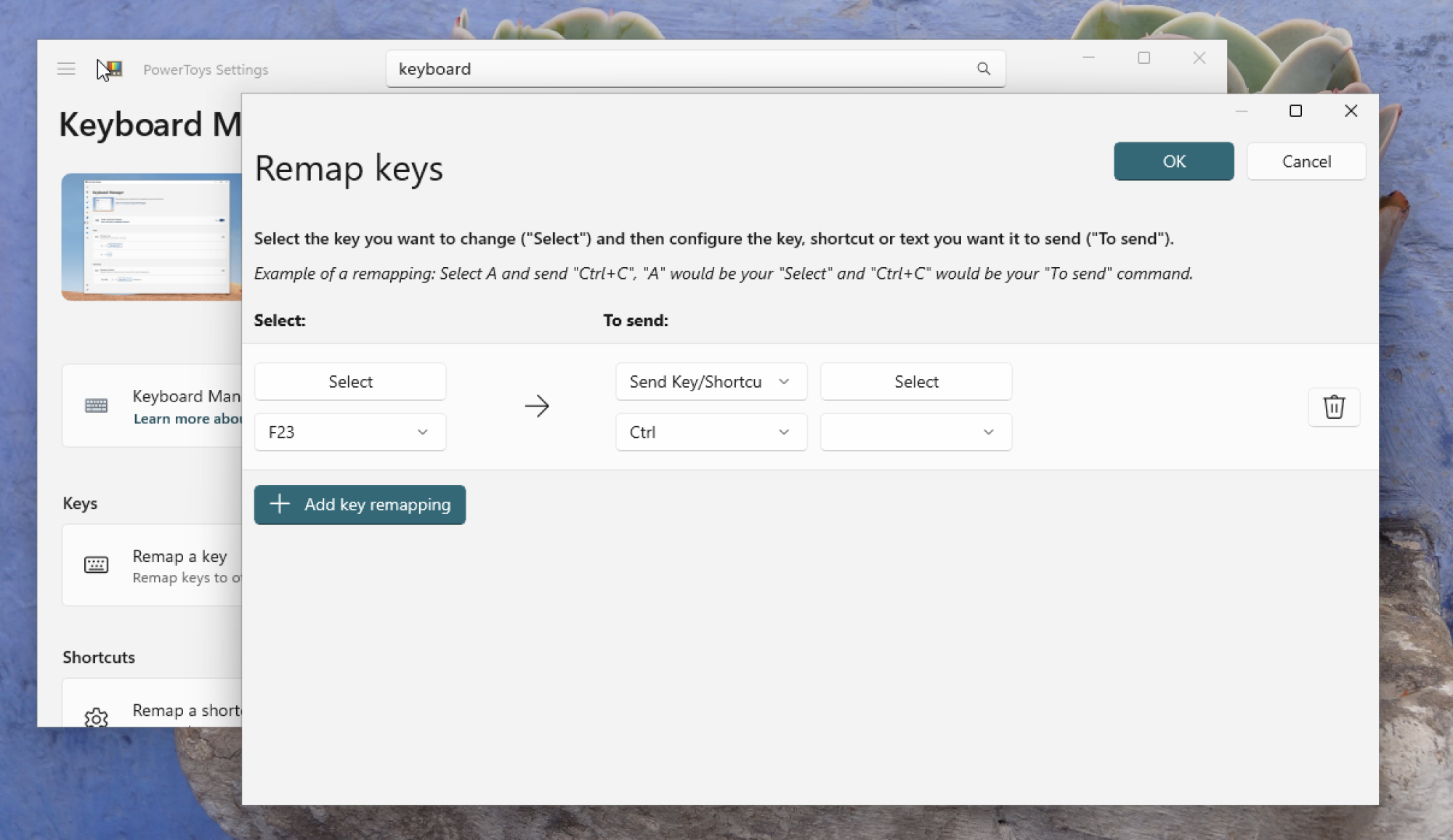 A screenshot of Keyboard Manager in PowerToys remapping the Copilot key to Ctrl