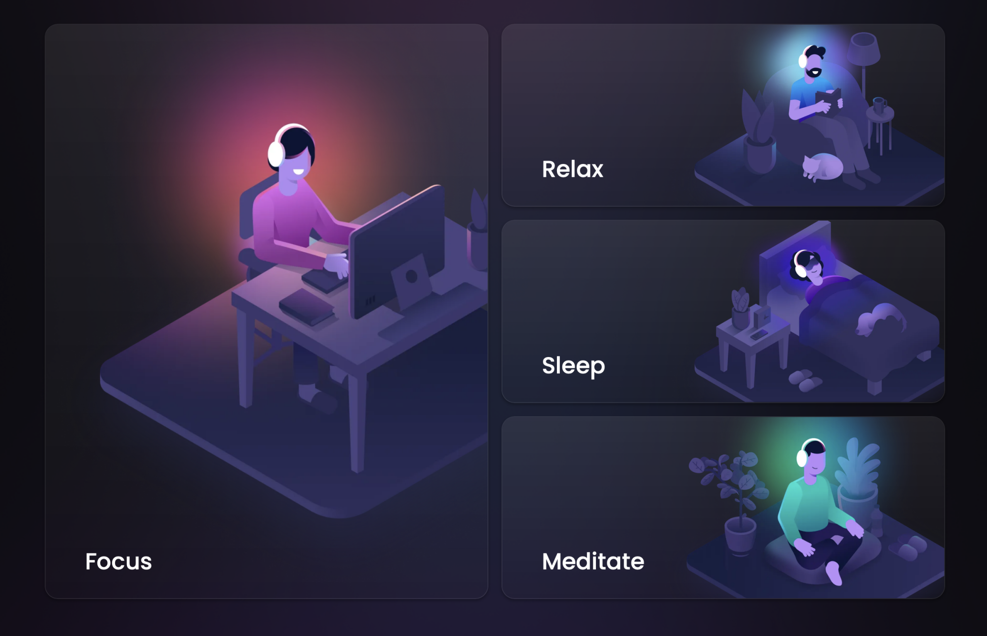 Four categories—focus, relax, sleep, and meditate—are offered here