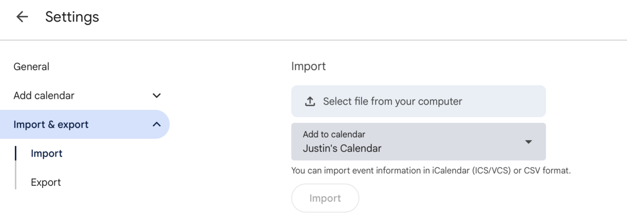The "Select file from your computer" field on Google Calendar