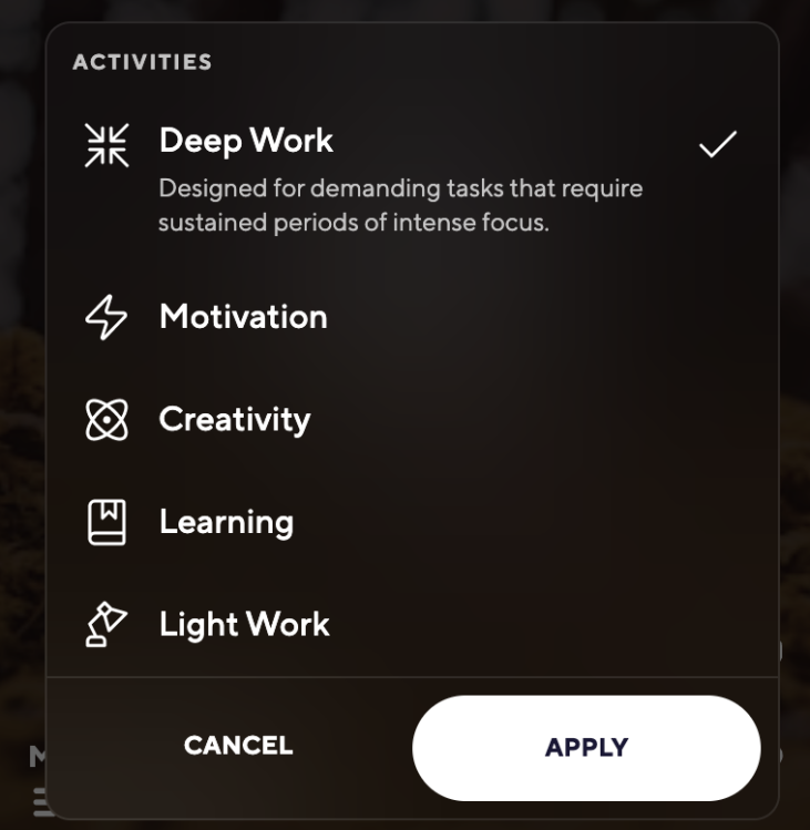 Deep Work, Motivation, Creativity, Learning, and Light Work are all offered as sub-categories in this screenshot