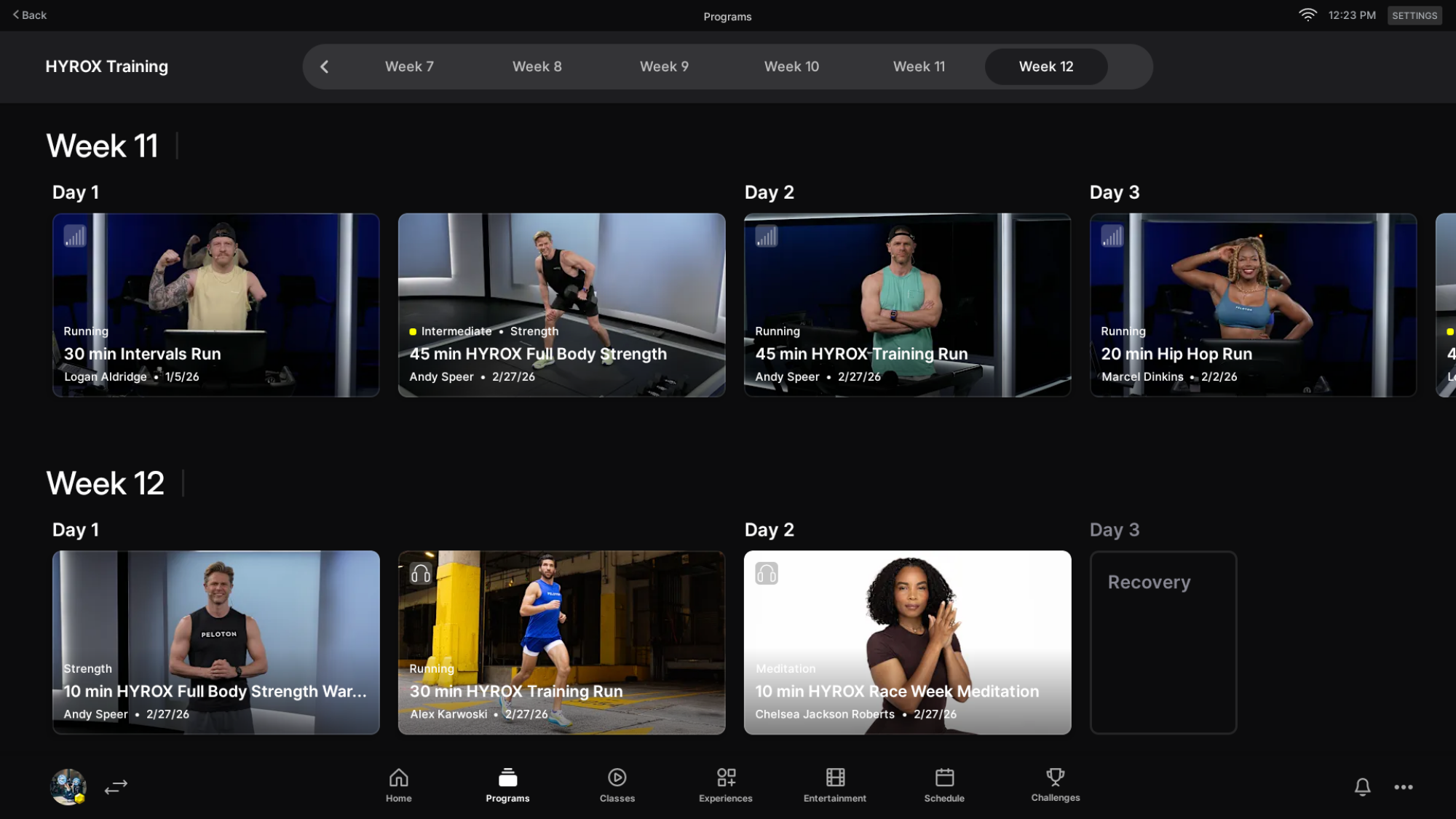 Week 12 of the Peloton Hyrox training program.