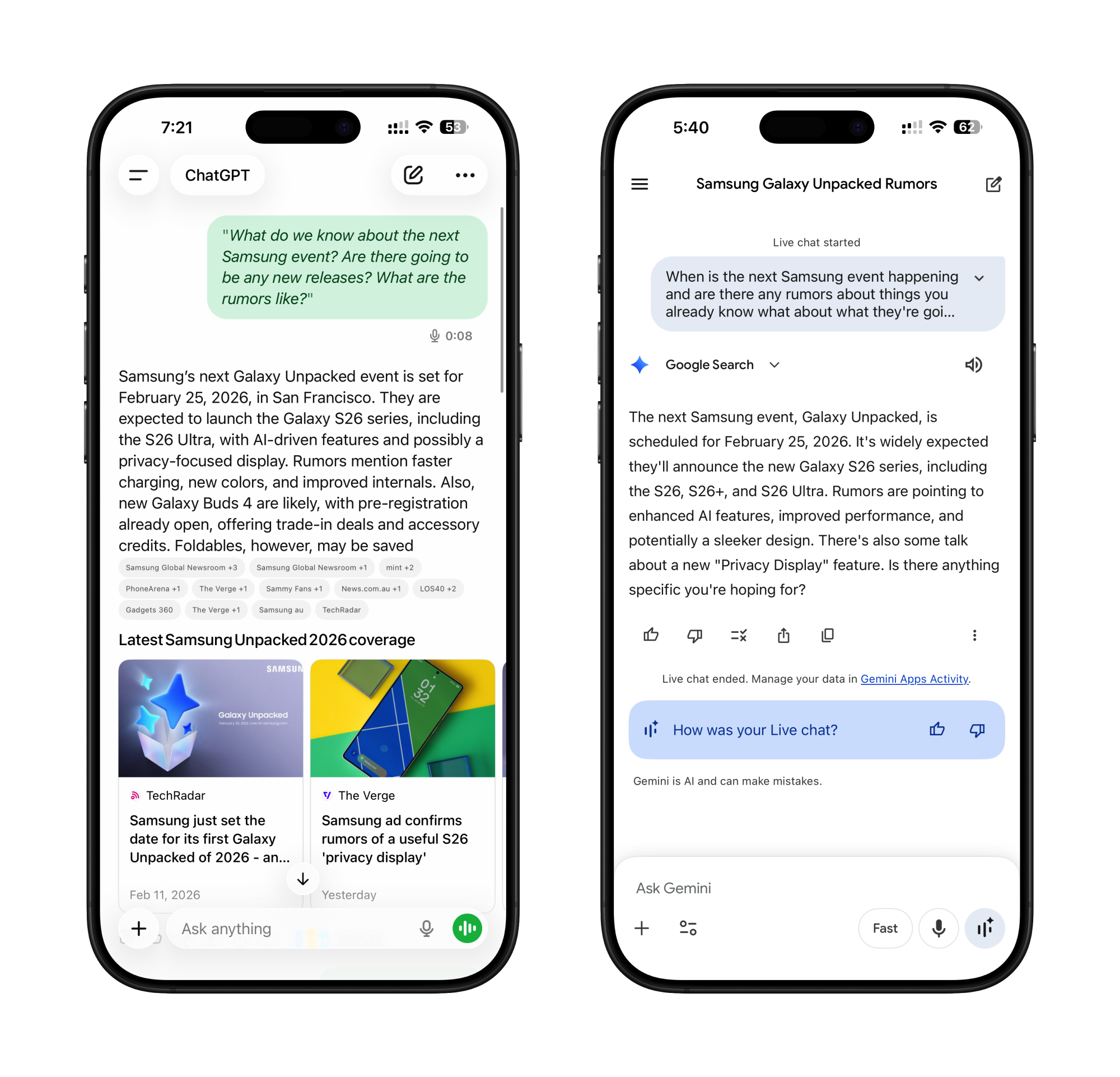 ChatGPT vs Gemini Samsung Rumors