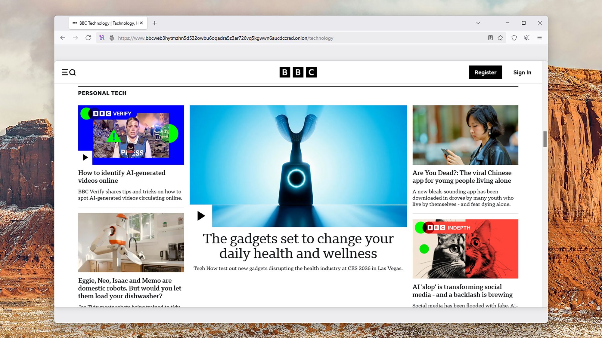 The BBC website on Tor