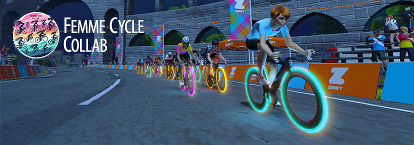 A group of female cyclists with brightly glowing wheels race on a virtual road lined with orange banners. Text reads “Femme Cycle Collab” beside a colorful circular logo. The scene appears in a digital or video game environment.