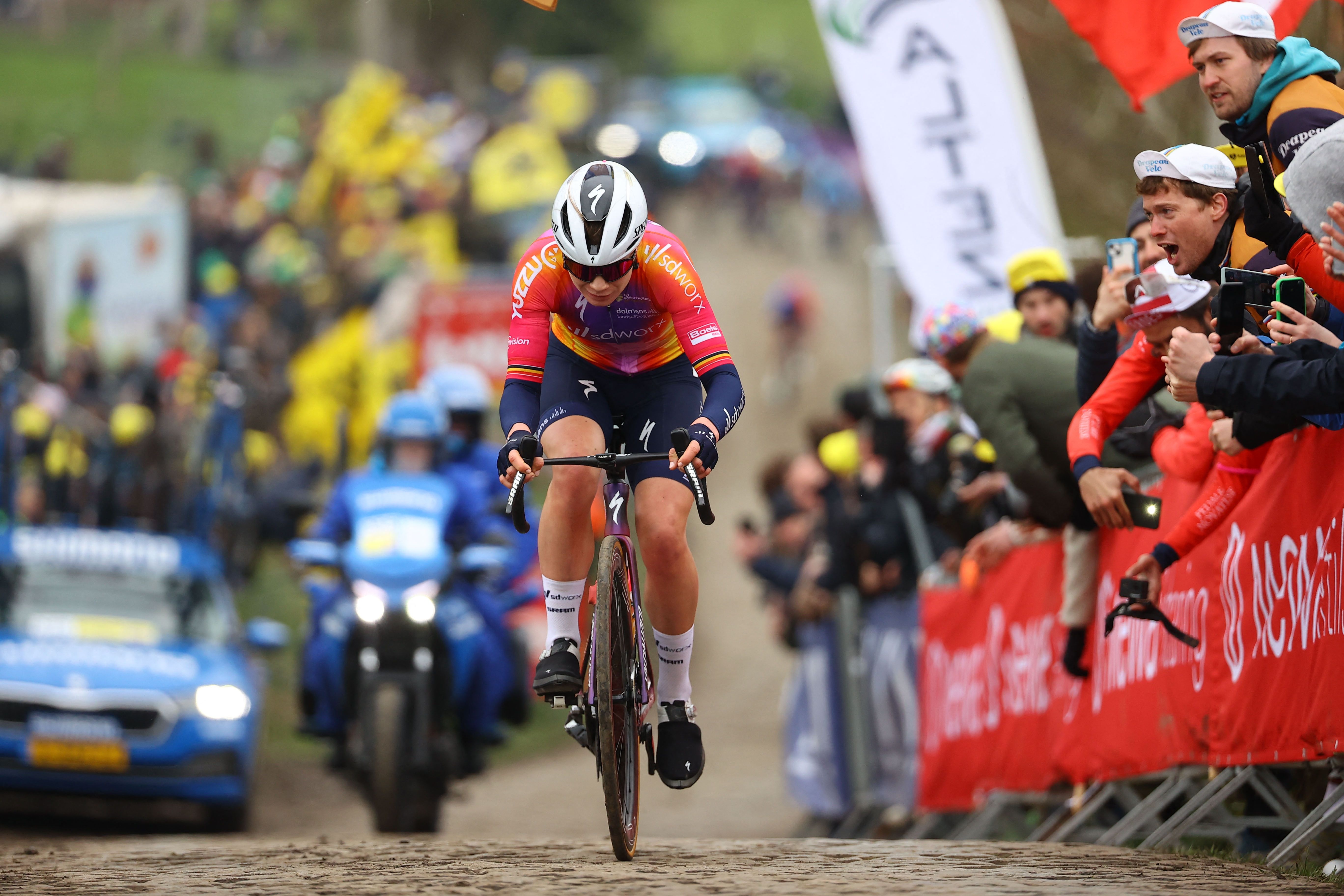 Belgian Lotte Kopecky of SD Worx pictured at the Paterberg during the women's race of the 'Ronde van Vlaanderen/ Tour des Flandres/ Tour of Flanders' one day cycling event, 158km with start and finish in Oudenaarde, Sunday 02 April 2023. BELGA PHOTO DAVID PINTENS (Photo by DAVID PINTENS / BELGA MAG / Belga via AFP) (Photo by DAVID PINTENS/BELGA MAG/AFP via Getty Images)