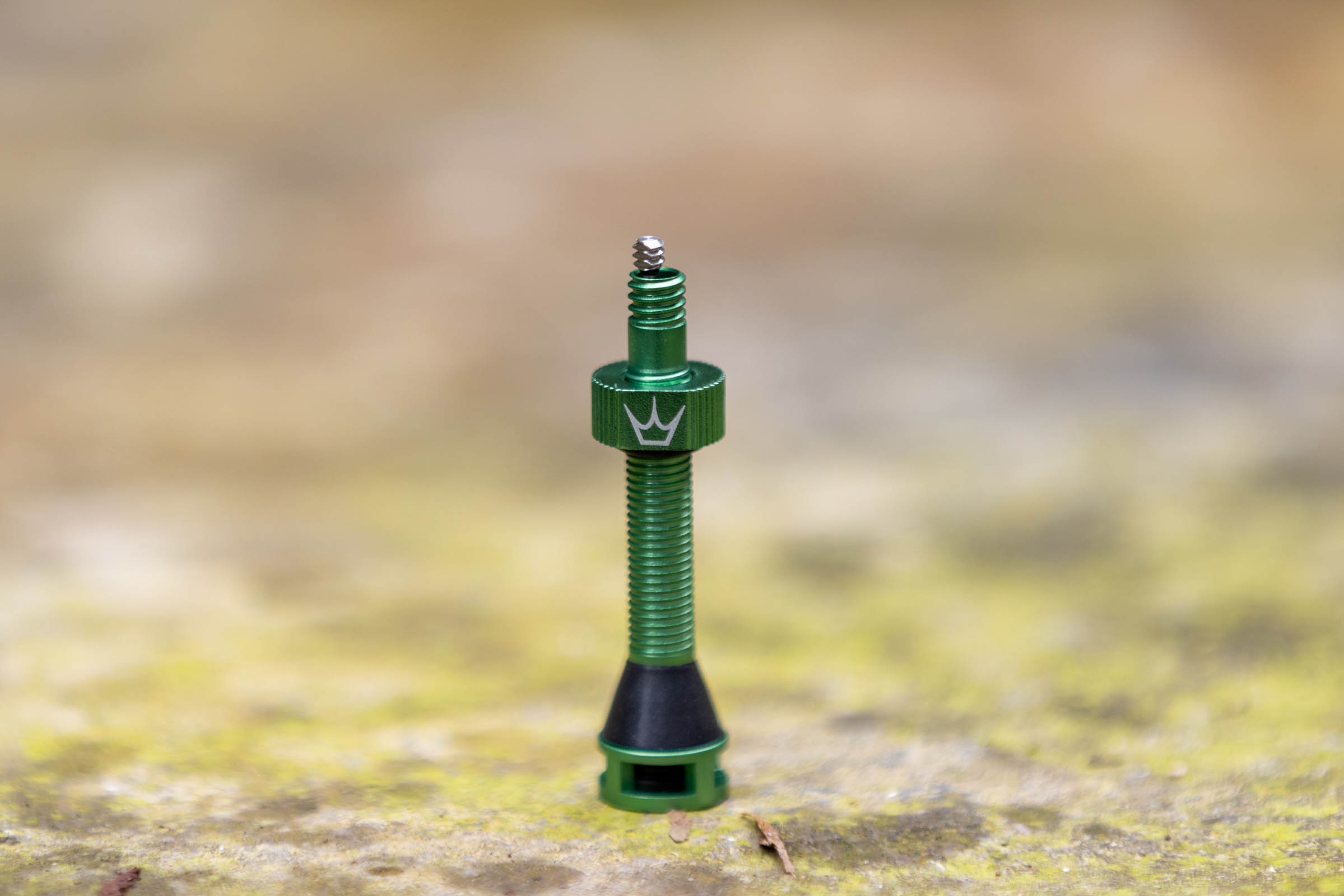 Peaty's Holeshot Fast Flow valve without valve cap shot on its own on a stone surface.