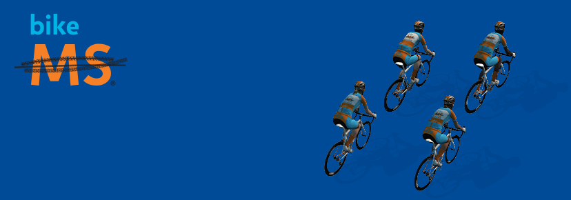 Four cyclists ride closely together on a blue background. On the left, the text reads bike MS with MS crossed out, symbolizing support for multiple sclerosis awareness and fundraising events.