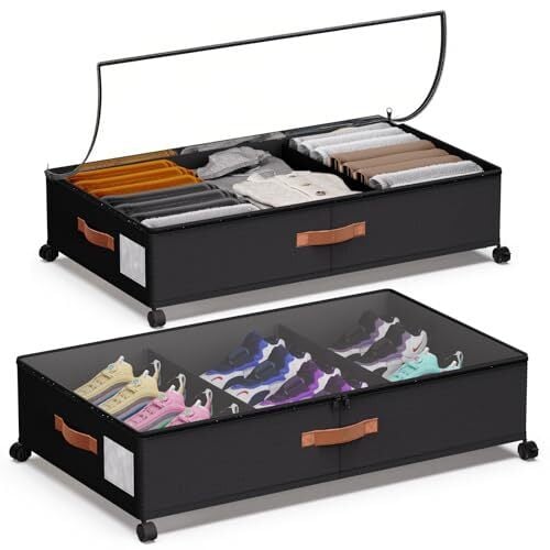 DCET Under Bed Storage with Wheels - Rolling Underbed Containers with PVC Clear Lid & Dividers, 600D Oxford Fabric, PU Leather Handles, Adjustable Magic Tape Partition, XXL 66L (2, Black)