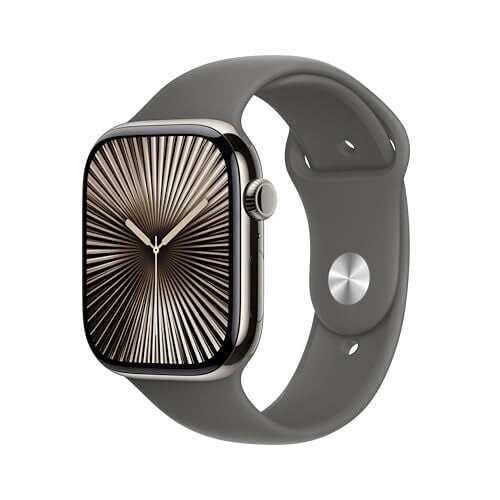 Apple Watch Series 10 [GPS + Cellular 46mm case] Smartwatch with Natural Titanium Case with Stone Grey Sport Band - M/L. Fitness Tracker, ECG App, Always-On Retina Display, Water Resistant