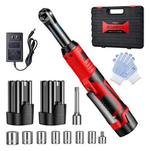 SOARFLY 3/8" Cordless Ratchet Wrench, Extended Electric Ratchet Wrench, 40 Ft-Lbs 450 RPM 16.8V Cordless Battery Powered Ratchet Wrench Set with 2 Batteries, Variable Speed, 7 Sockets, LED Light