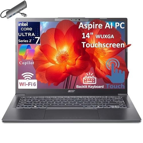 acer 2026 Aspire AI Laptop for Business & Creators | Intel Core Ultra 7 258V, 32GB RAM, 1TB SSD, 14" FHD Touchscreen, Backlit KB, USB-C HUB, Lifetime Office 365, Long Battery Life, Windows 11 H, Gray