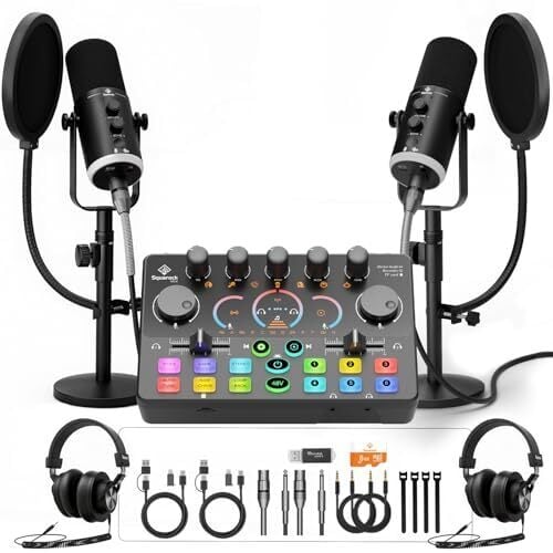 Podcast Equipment Bundle for 2, Dynamic XLR/USB Gaming Microphone & Streaming Audio Mixer with RGB Lights, Perfect for Podcast, Recording, Video Vocal, PC