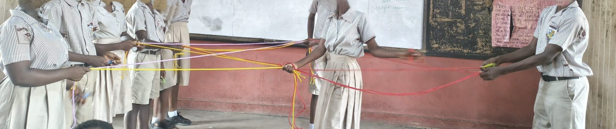 Students using ropes to signify the strength of connections between nodes.